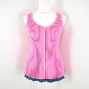 00s Y2K Belldini Pink Ribbed Glitter Trim Crystal Button Up Tank Top Size XL